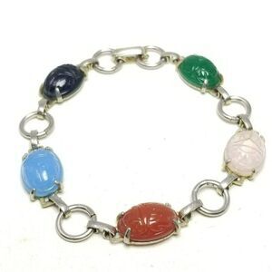 Vintage Colorful Scarab Glass Cabochon Bracelet, Silver Tone Setting, Estate